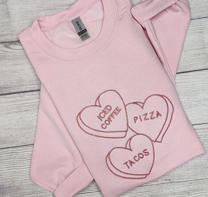 Valentine Sweatshirt with Vintage Candies, Embroidered, Crewneck Sweatshirt