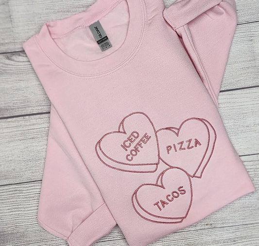 Valentine Sweatshirt with Vintage Candies, Embroidered, Crewneck Sweatshirt