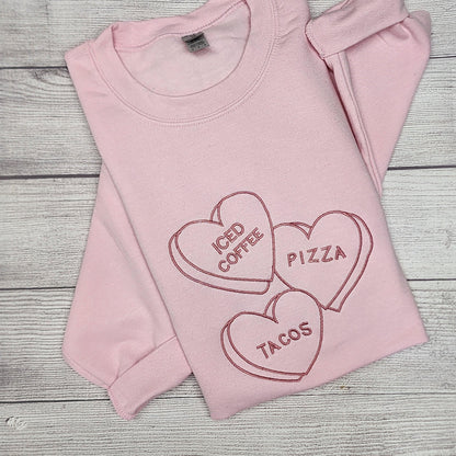 Valentine Sweatshirt with Vintage Candies, Embroidered, Crewneck Sweatshirt