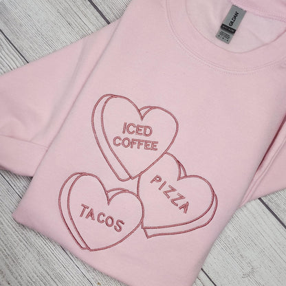 Valentine Sweatshirt with Vintage Candies, Embroidered, Crewneck Sweatshirt