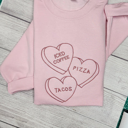 Valentine Sweatshirt with Vintage Candies, Embroidered, Crewneck Sweatshirt