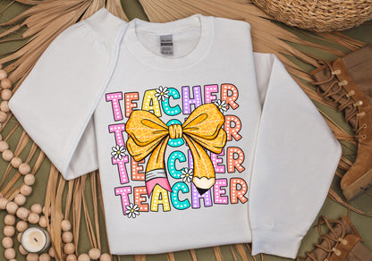 Coquette Teacher Sweatshirt | Back to School Teacher | Leopard Bow Pencil Daisy Aesthetic