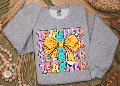 Coquette Teacher Sweatshirt | Back to School Teacher | Leopard Bow Pencil Daisy Aesthetic