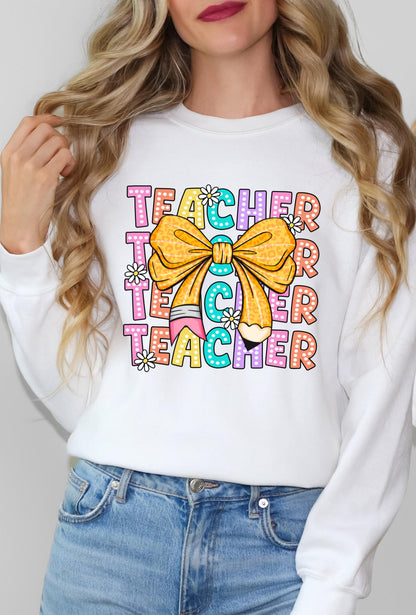 Coquette Teacher Sweatshirt | Back to School Teacher | Leopard Bow Pencil Daisy Aesthetic