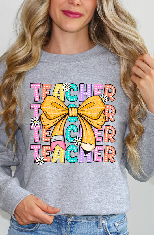 Coquette Teacher Sweatshirt | Back to School Teacher | Leopard Bow Pencil Daisy Aesthetic