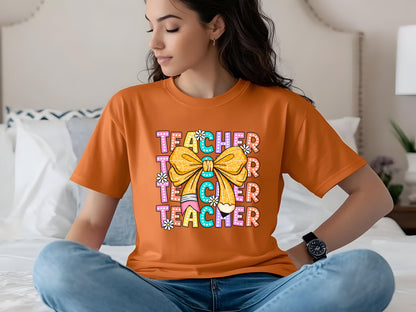 Comfort Colors Coquette Teacher Shirt | Back to School Teacher | Leopard Bow Pencil Daisy Aesthetic