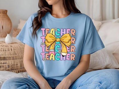Comfort Colors Coquette Teacher Shirt | Back to School Teacher | Leopard Bow Pencil Daisy Aesthetic
