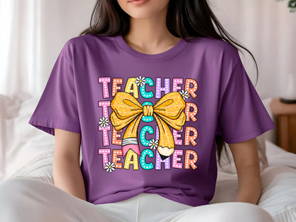 Comfort Colors Coquette Teacher Shirt | Back to School Teacher | Leopard Bow Pencil Daisy Aesthetic