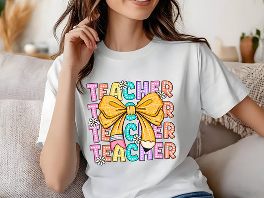 Comfort Colors Coquette Teacher Shirt | Back to School Teacher | Leopard Bow Pencil Daisy Aesthetic