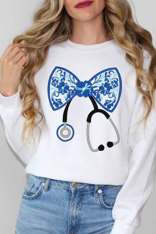Nurse Stethoscope Coquette Bow Embroidered Sweatshirt