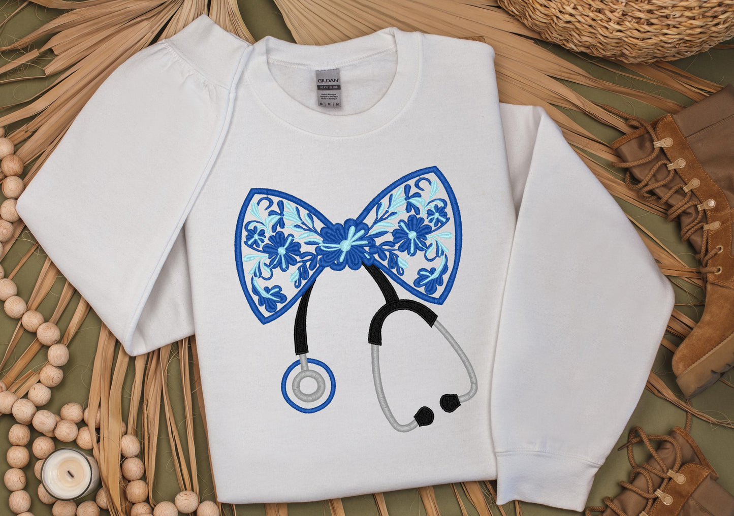 Nurse Stethoscope Coquette Bow Embroidered Sweatshirt