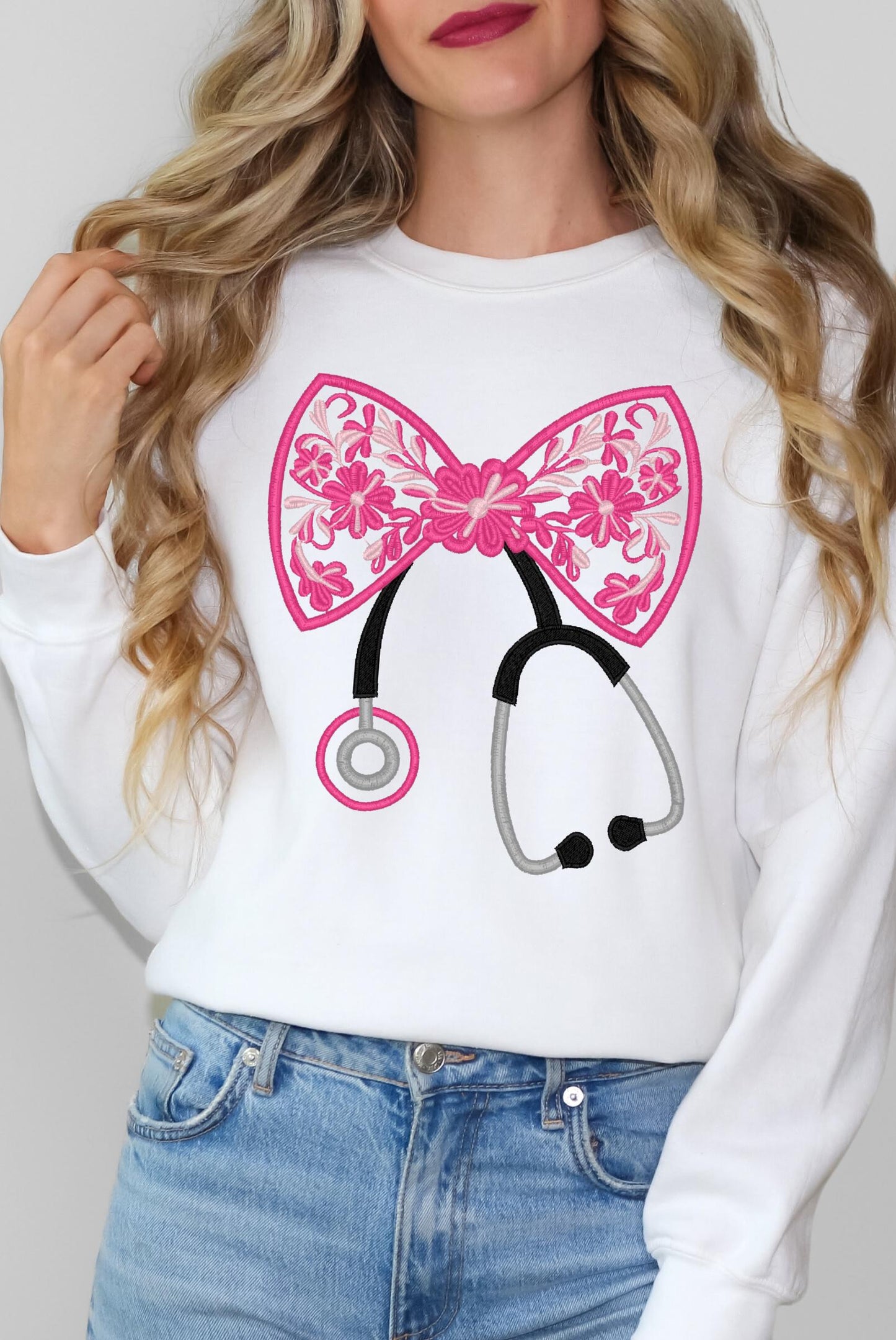 Nurse Stethoscope Coquette Bow Embroidered Sweatshirt