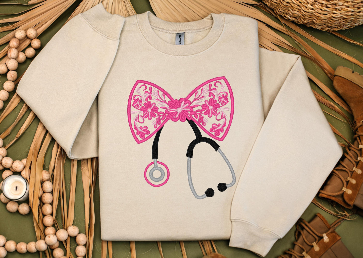 Nurse Stethoscope Coquette Bow Embroidered Sweatshirt