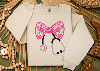 Nurse Stethoscope Coquette Bow Embroidered Sweatshirt
