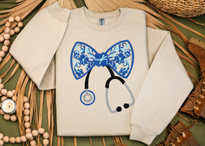 Nurse Stethoscope Coquette Bow Embroidered Sweatshirt