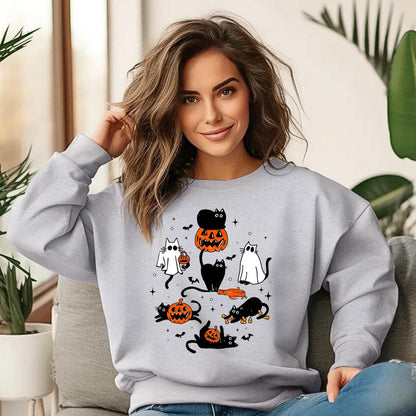 Halloween Cats Sweatshirt, Ghost Cats and Pumpkins Sweatshirt