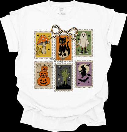 Halloween Stamps Comfort Colors Shirt, Ghost Boo, Pumpkin Bow, Black Cat, Witch Bat