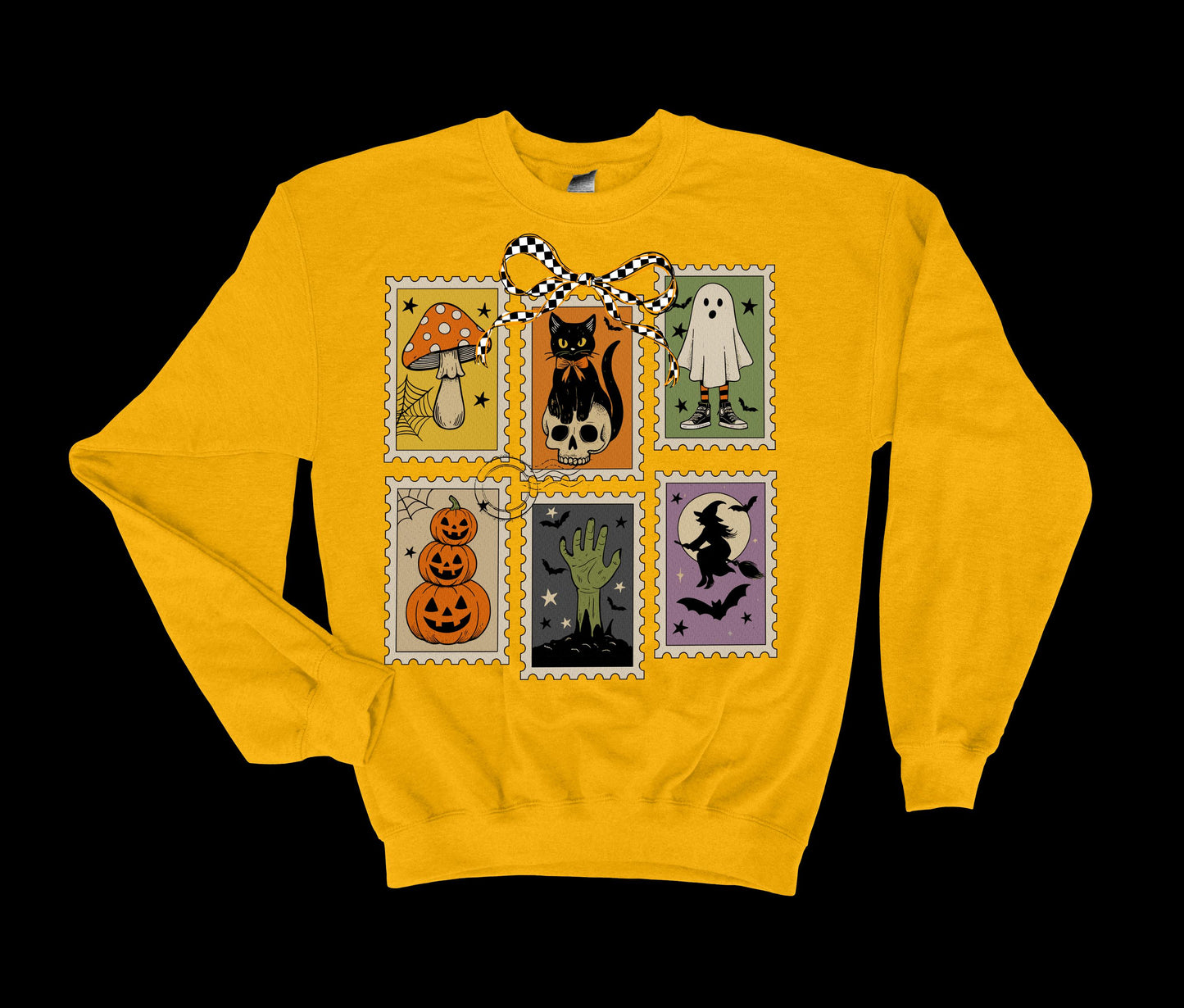 Halloween Stamps Sweatshirt, Ghost Boo, Black Cat, Witch, Pumpkin