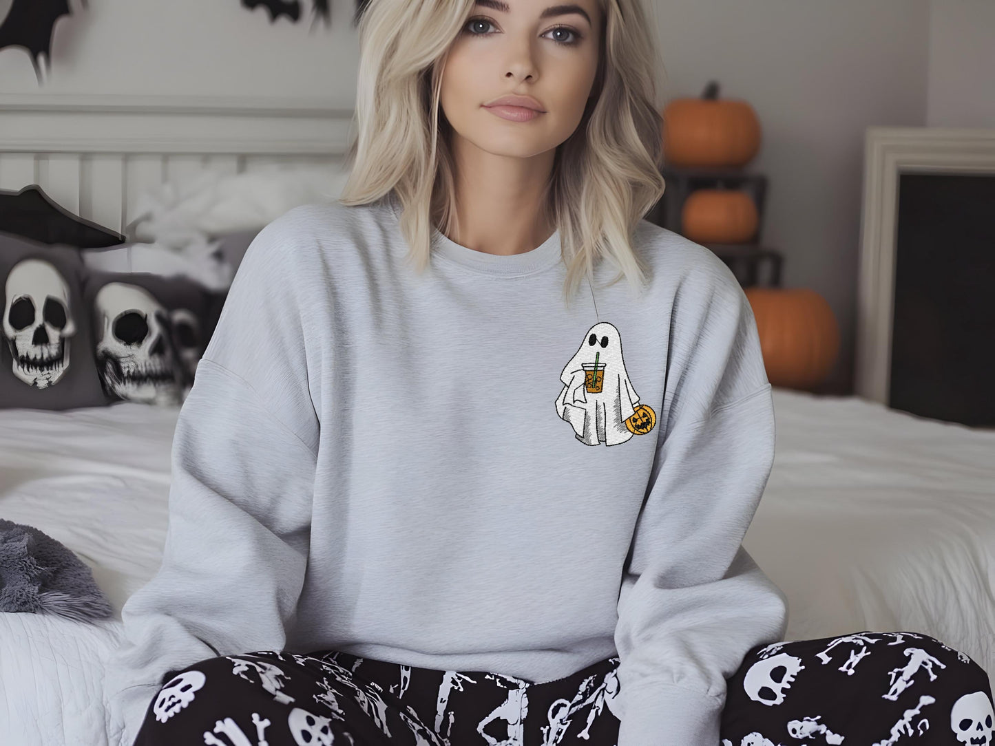 Ghost with Iced Coffee Halloween Embroidered Sweatshirt