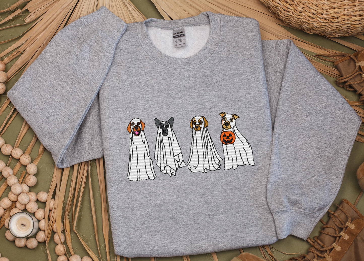 Dog Ghost Halloween Embroidered Sweatshirt, Dog Spooky Halloween Sweatshirt
