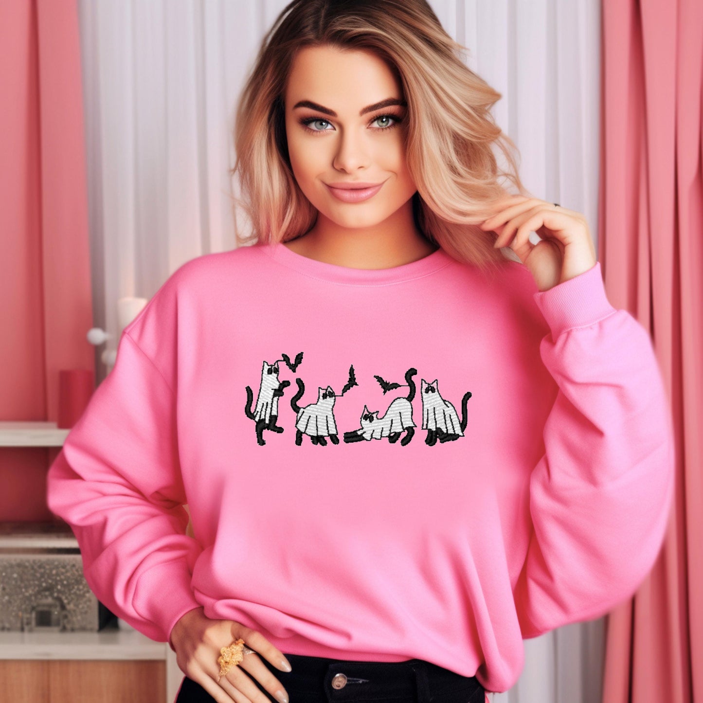 Cat Ghost Halloween Embroidered Sweatshirt