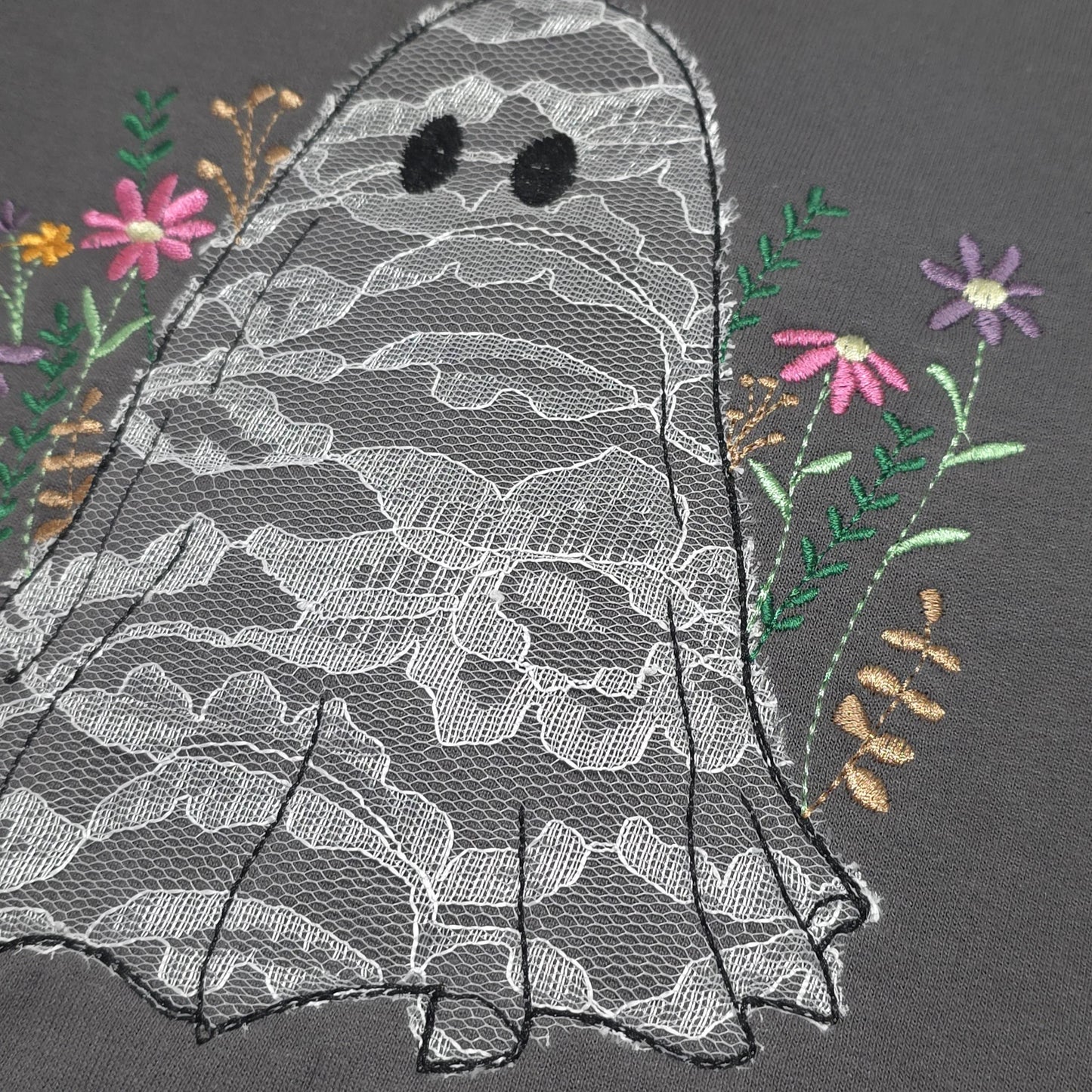 Lace Ghost with Wildflowers Halloween Embroidered Sweatshirt
