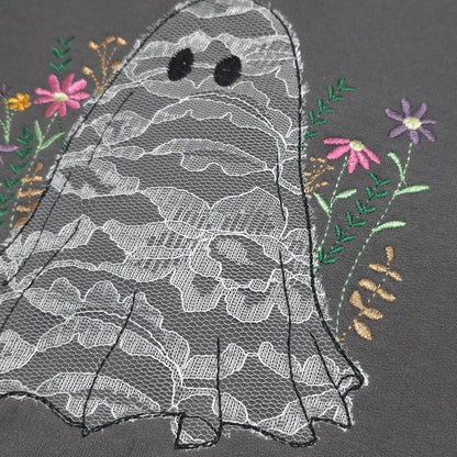 Lace Ghost with Wildflowers Halloween Embroidered Sweatshirt