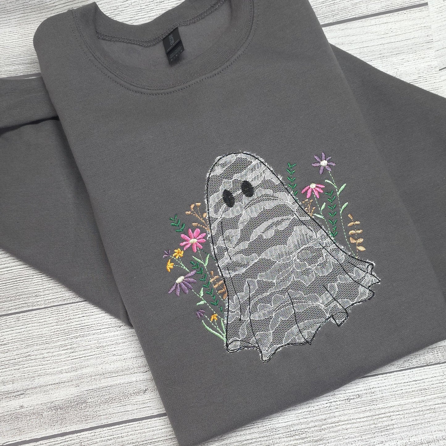 Lace Ghost with Wildflowers Halloween Embroidered Sweatshirt