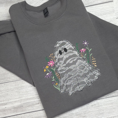 Lace Ghost with Wildflowers Halloween Embroidered Sweatshirt