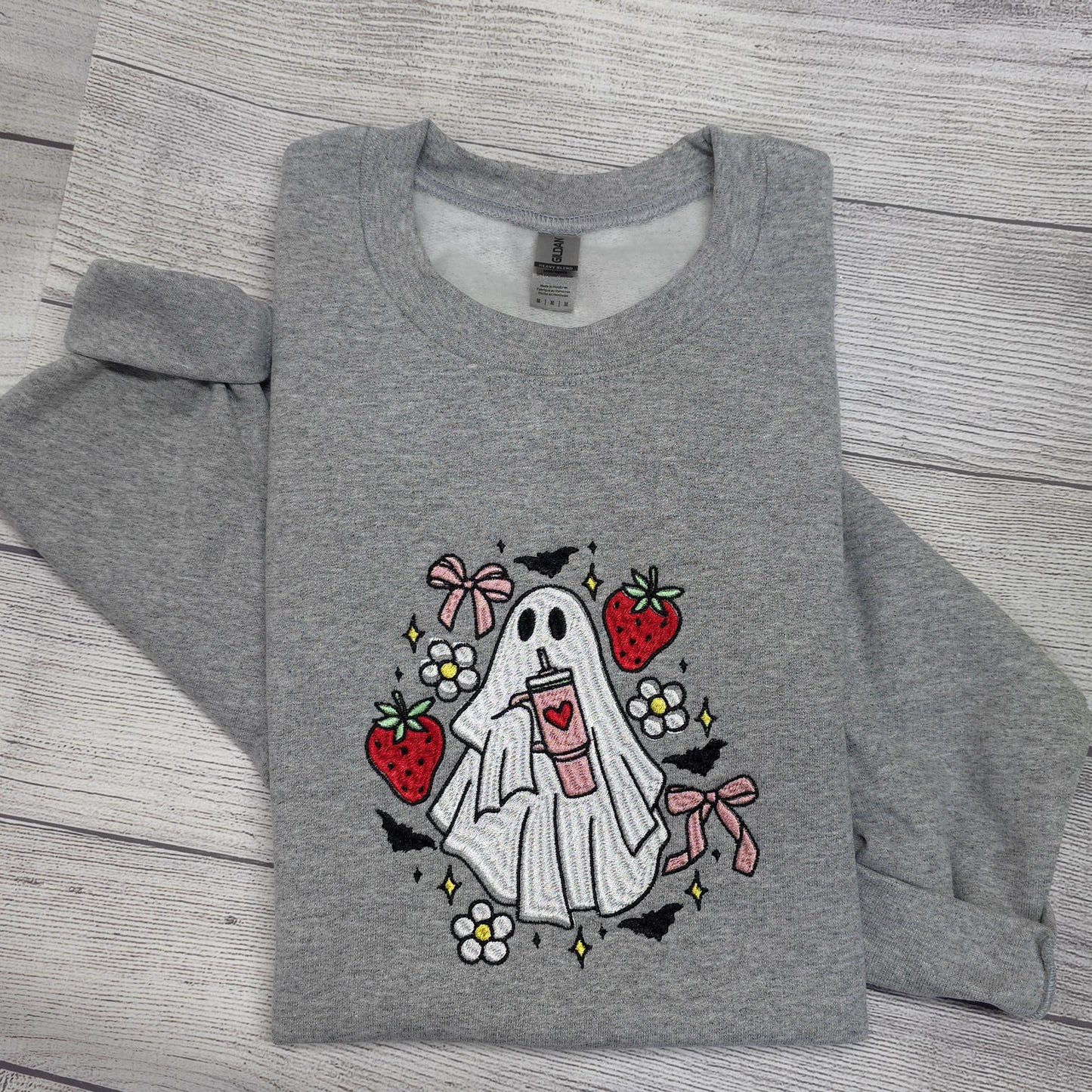 Coquette Ghost with Strawberries Halloween Embroidered Sweatshirt