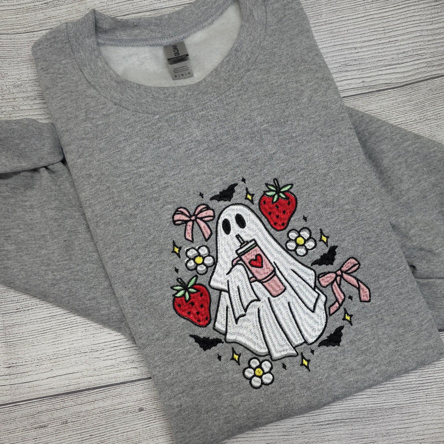 Coquette Ghost with Strawberries Halloween Embroidered Sweatshirt