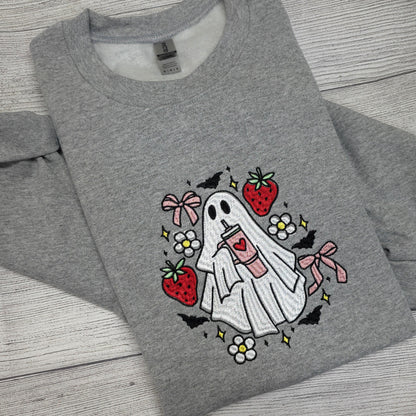 Coquette Ghost with Strawberries Halloween Embroidered Sweatshirt