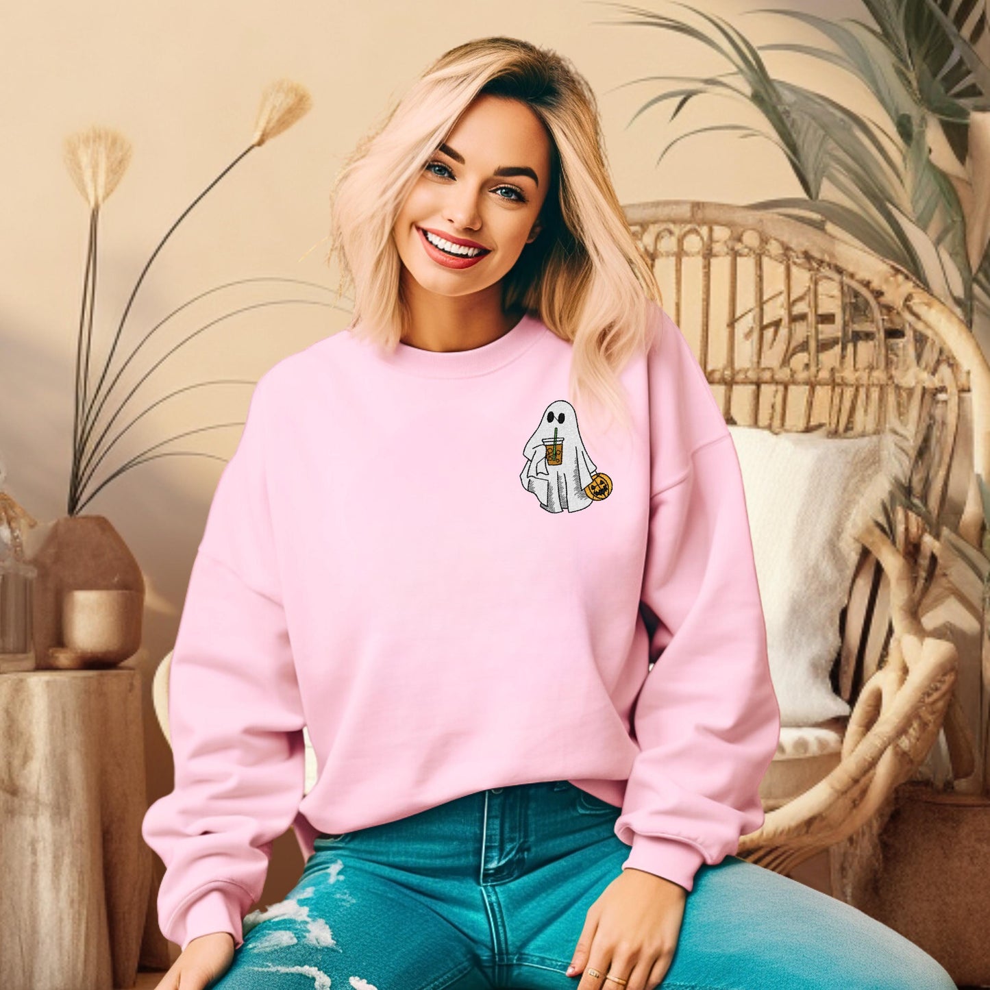 Ghost with Iced Coffee Halloween Embroidered Sweatshirt