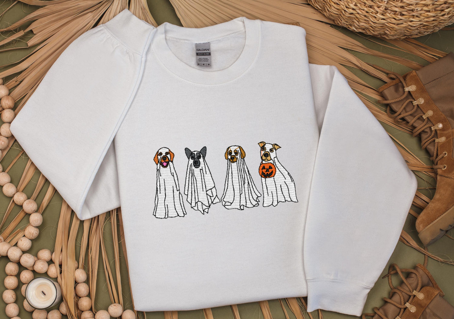 Dog Ghost Halloween Embroidered Sweatshirt, Dog Spooky Halloween Sweatshirt