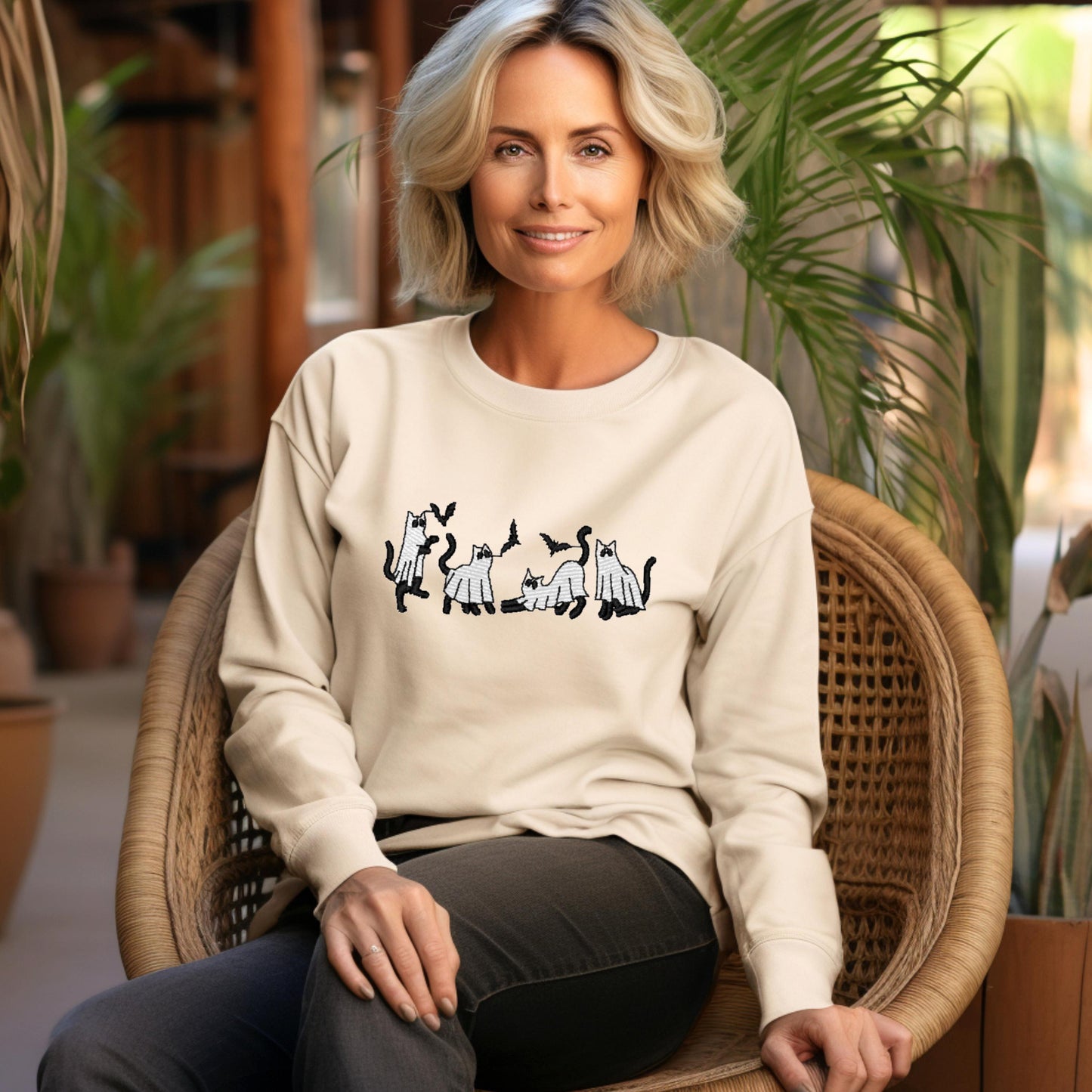 Cat Ghost Halloween Embroidered Sweatshirt