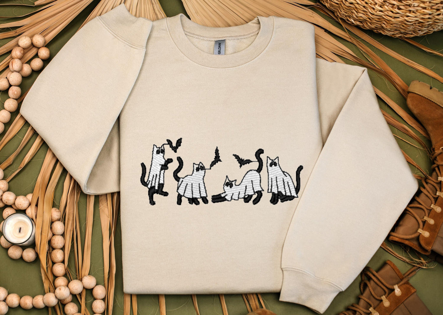 Cat Ghost Halloween Embroidered Sweatshirt