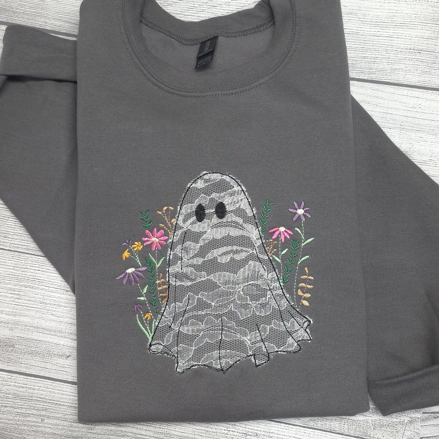Lace Ghost with Wildflowers Halloween Embroidered Sweatshirt