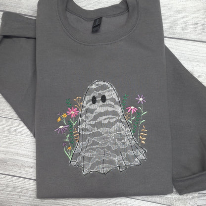 Lace Ghost with Wildflowers Halloween Embroidered Sweatshirt