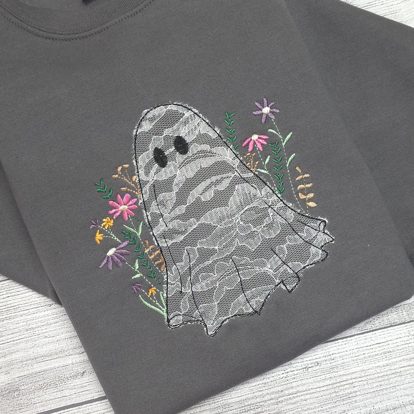 Lace Ghost with Wildflowers Halloween Embroidered Sweatshirt