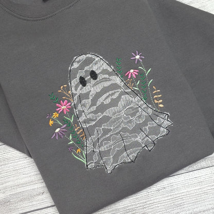 Lace Ghost with Wildflowers Halloween Embroidered Sweatshirt
