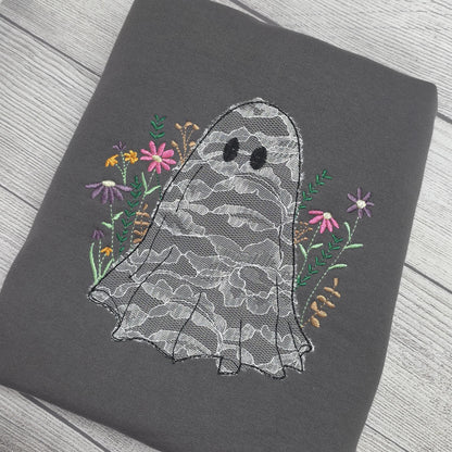 Lace Ghost with Wildflowers Halloween Embroidered Sweatshirt