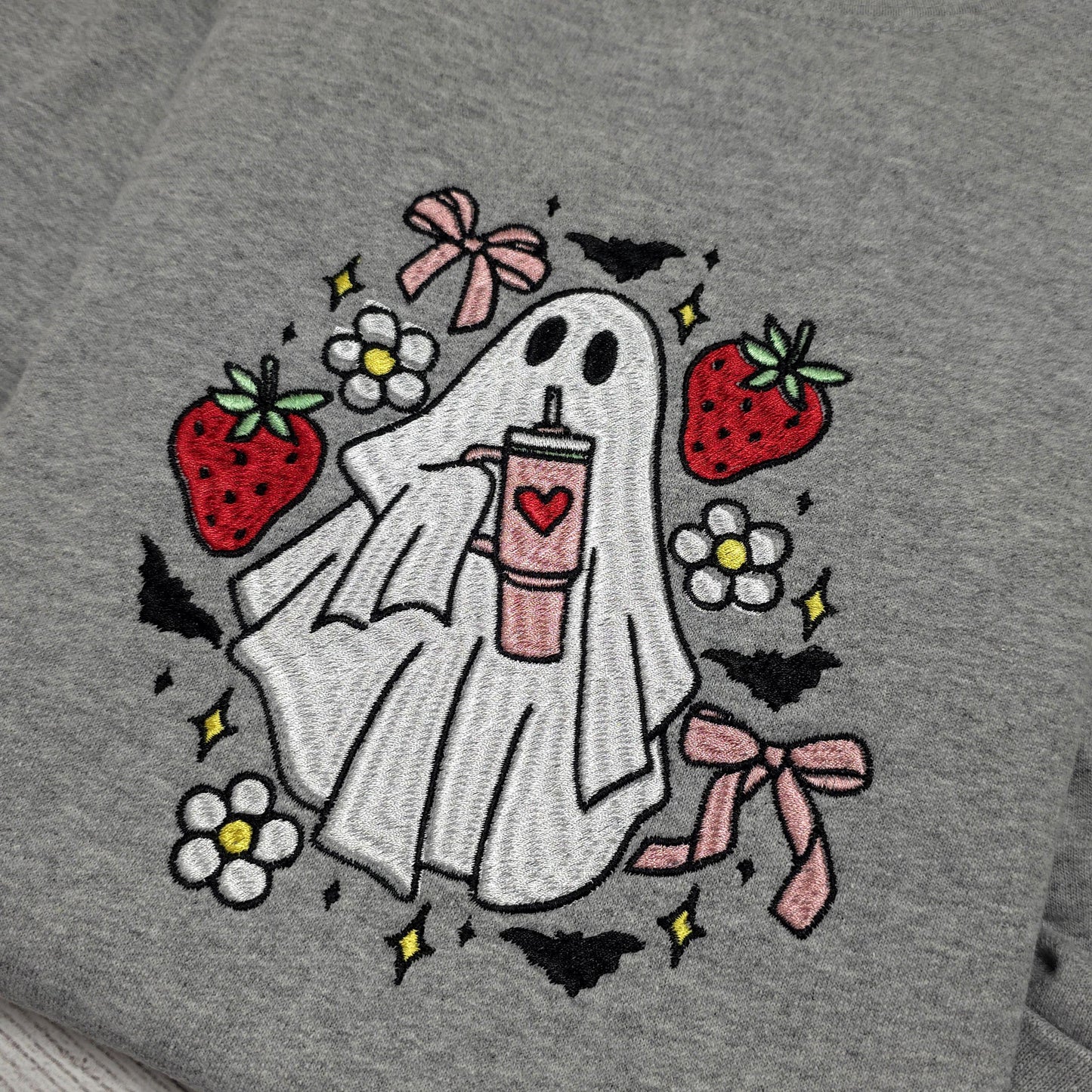 Coquette Ghost with Strawberries Halloween Embroidered Sweatshirt