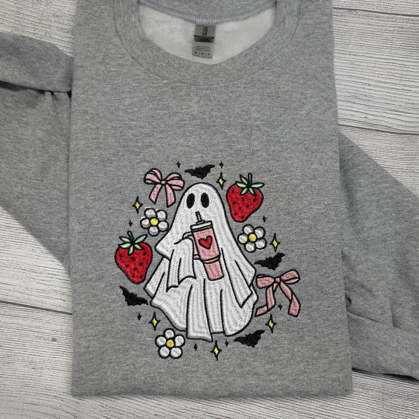 Coquette Ghost with Strawberries Halloween Embroidered Sweatshirt